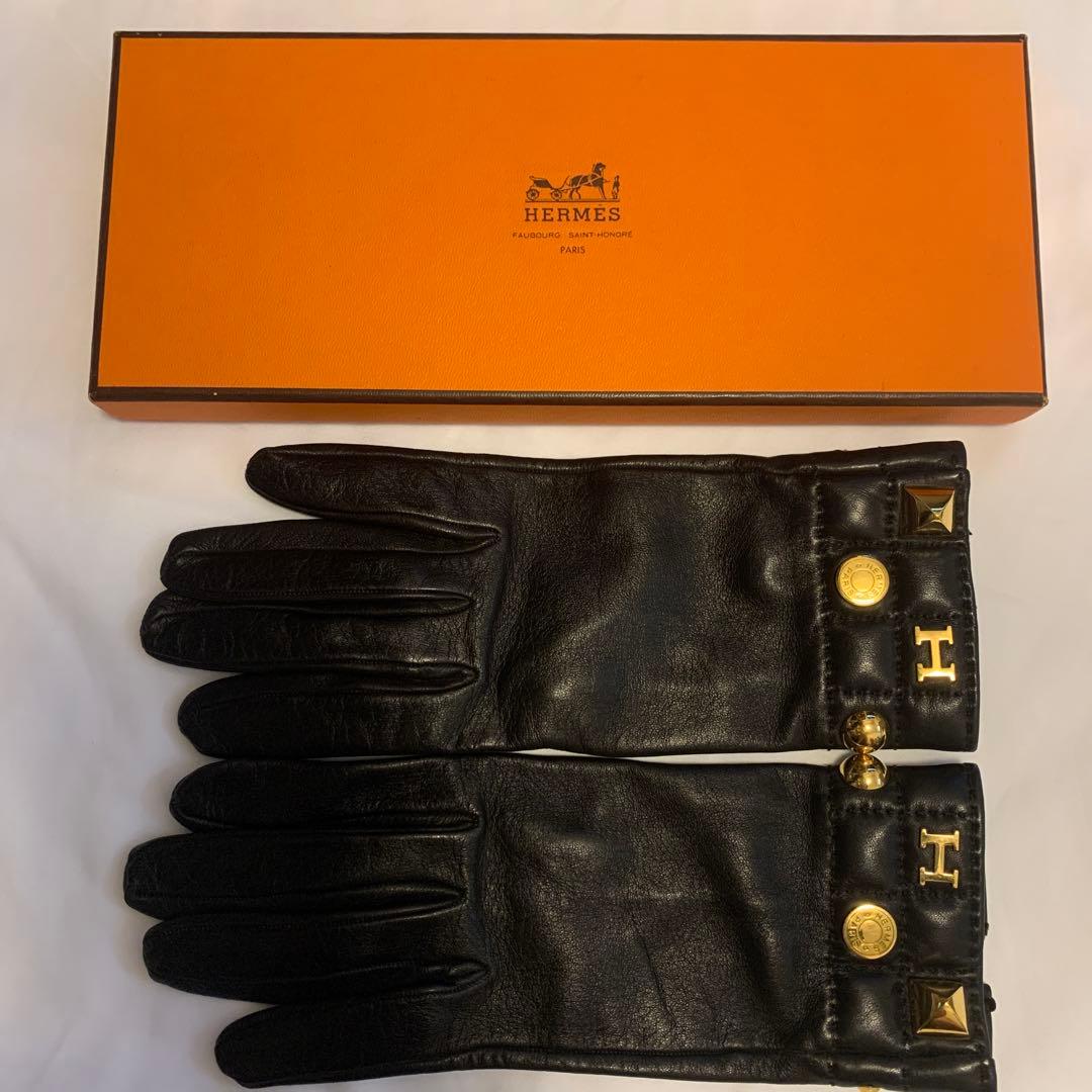 HERMES ブラック レザー手袋 箱付き