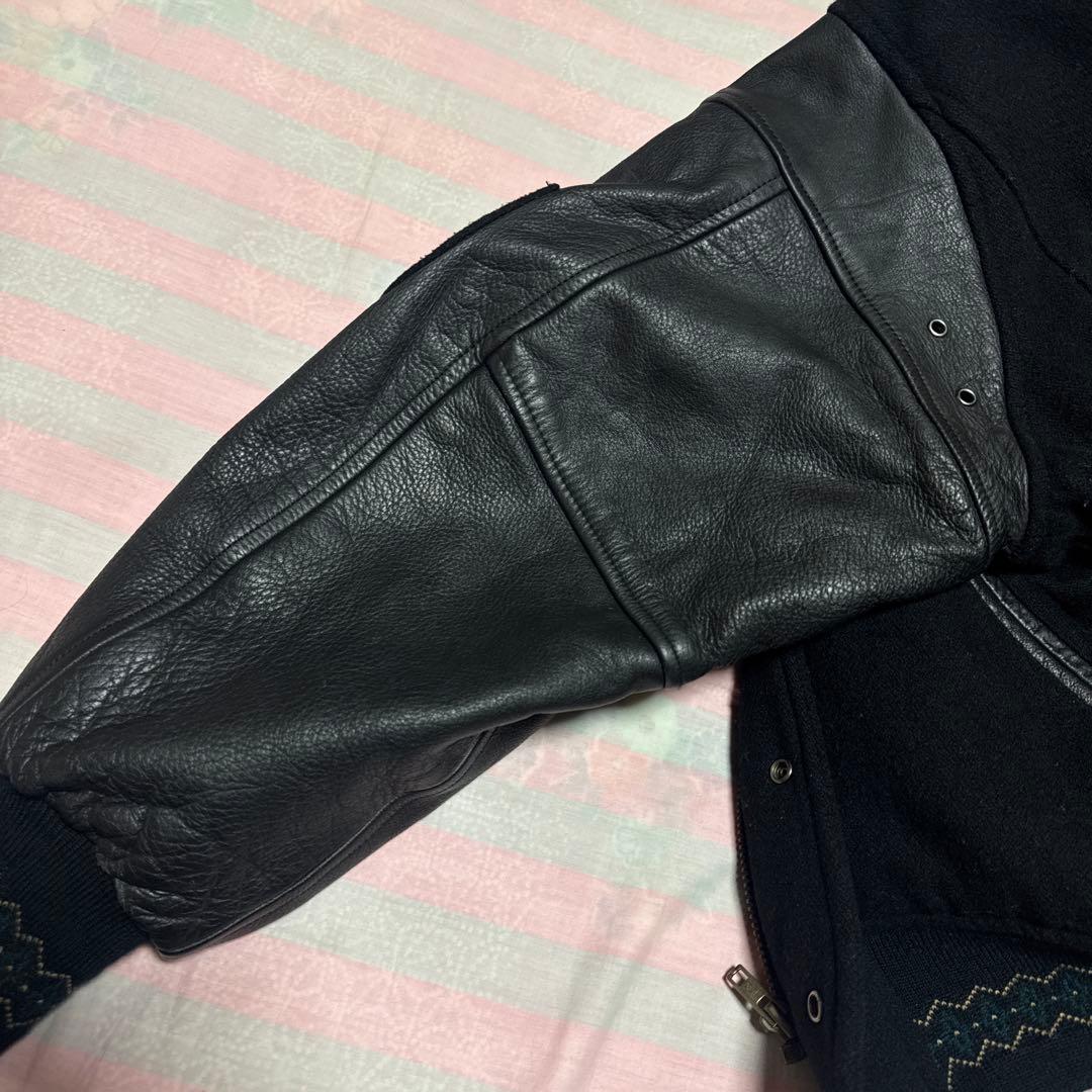 80's 90's BATSU スタジャン　袖レザー　刺繍ワッペン　ジップアップ