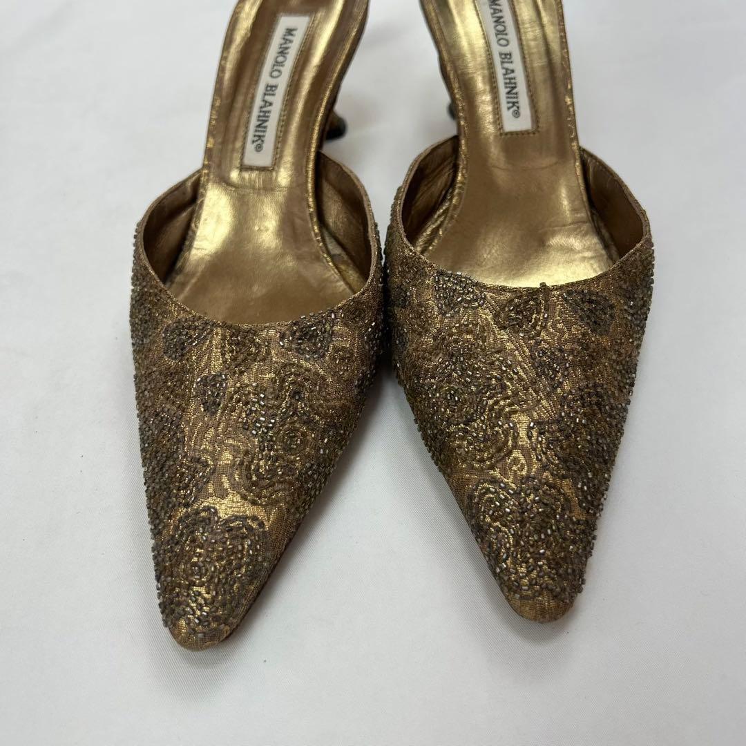 F862 23cm 36 マノロブラニク ビーズ レース ミュール レディース