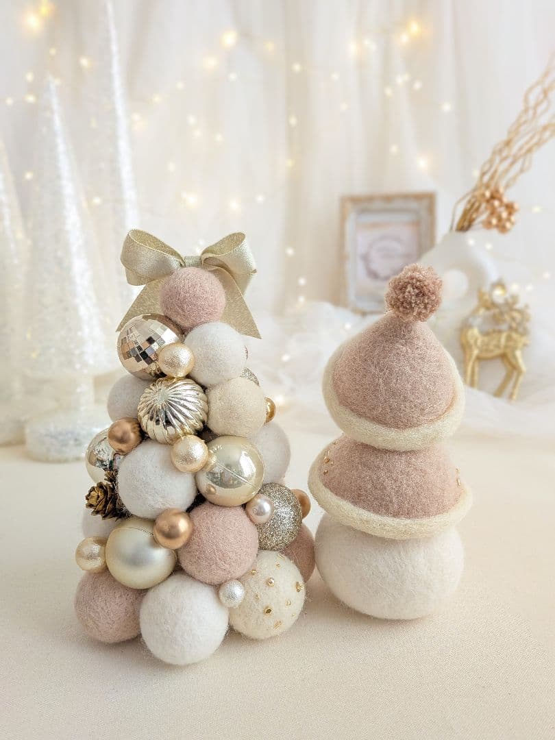 【クリスマス飾り】フェルトボールツリー&スノーマンのセットアイテム（ホワイト系）