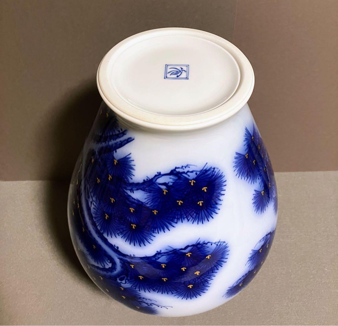 香蘭社 染錦模様 老松紋 花瓶 瑠璃色 金彩