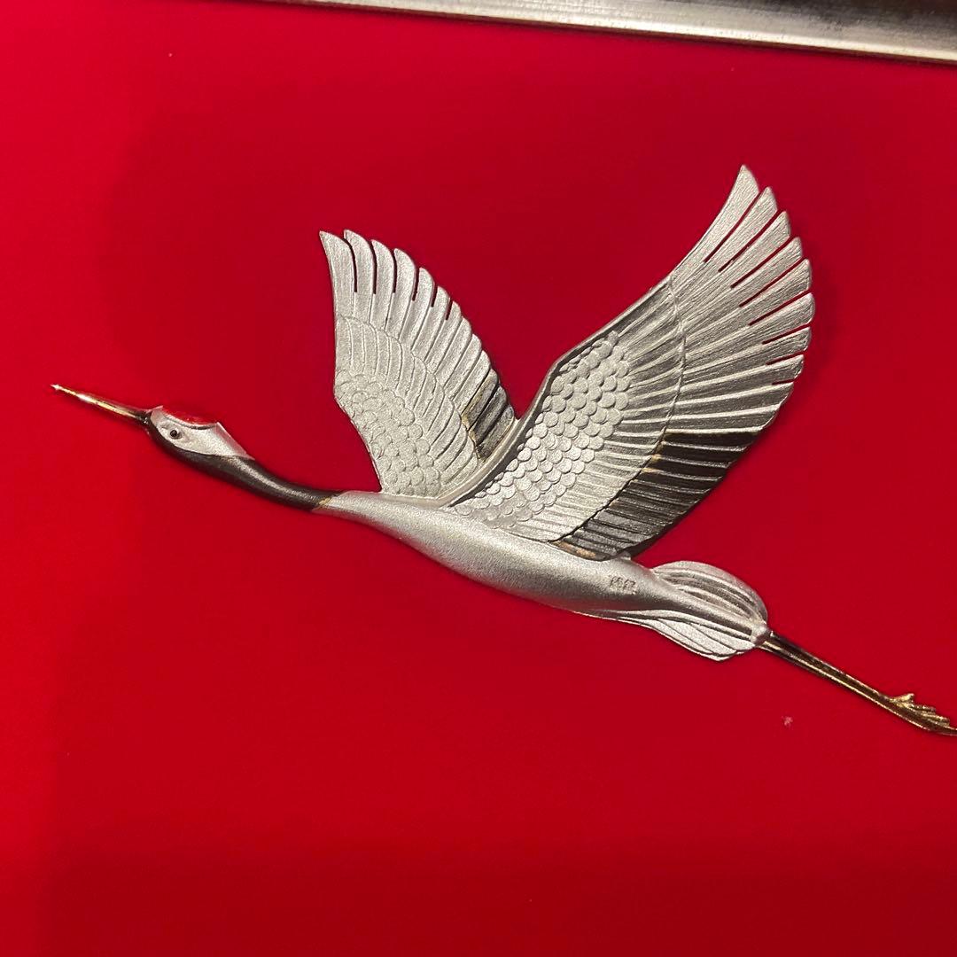 関武比古 作 純銀製 シルバー999 鶴 日の出 レリーフ 額入り銀細工