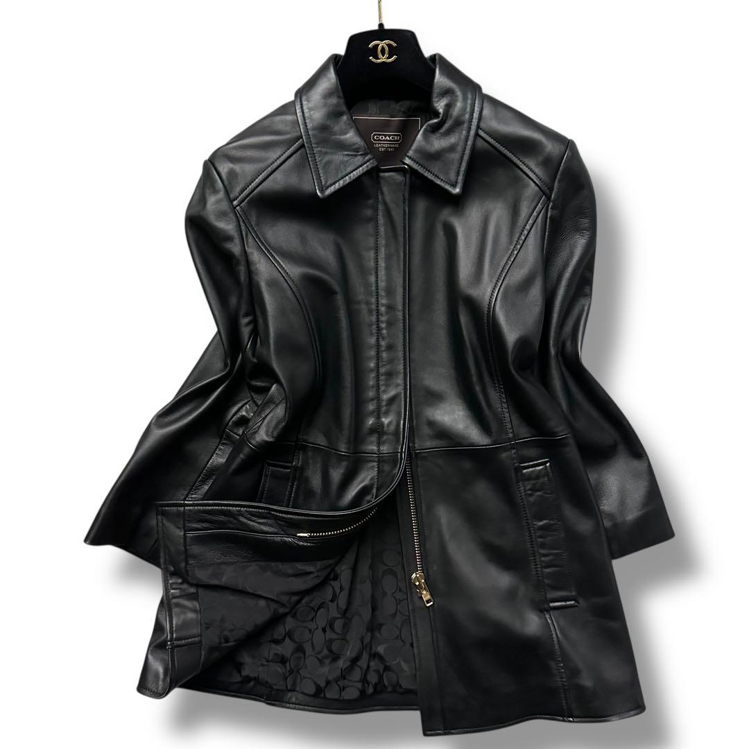 極美品 コーチ シグネチャー 本革 ライダース シングル レディース 黒 S