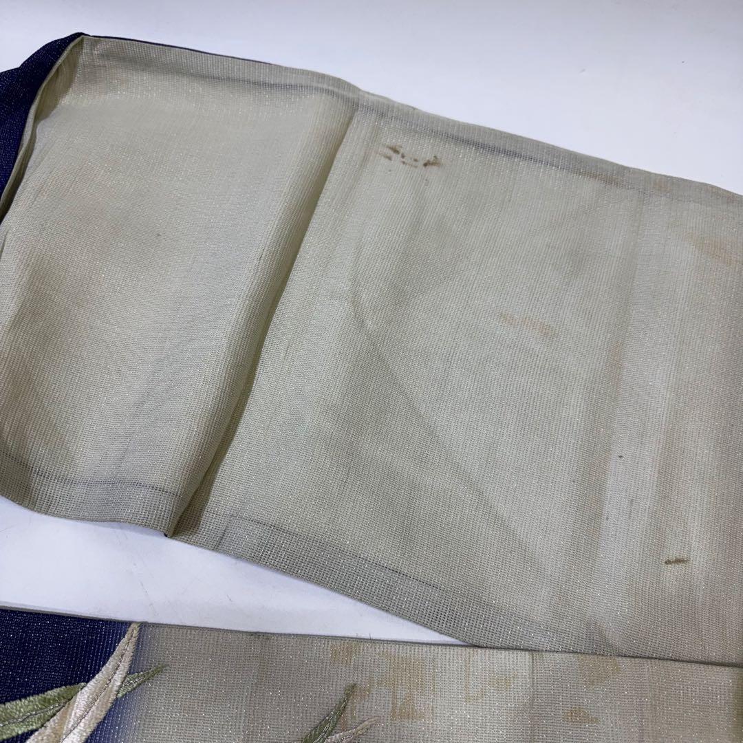 R*a様 鯉　刺繍帯　名古屋帯 紺色　夏帯　螺鈿　貝　白銀　笹　希少