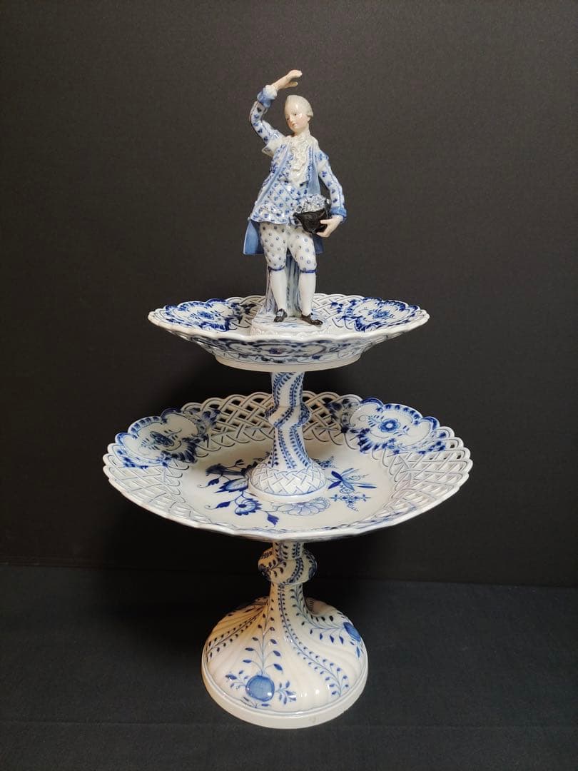 時代 マイセン ブルーオニオン 磁器 2段コンポート 飾り インテリア 修理あり