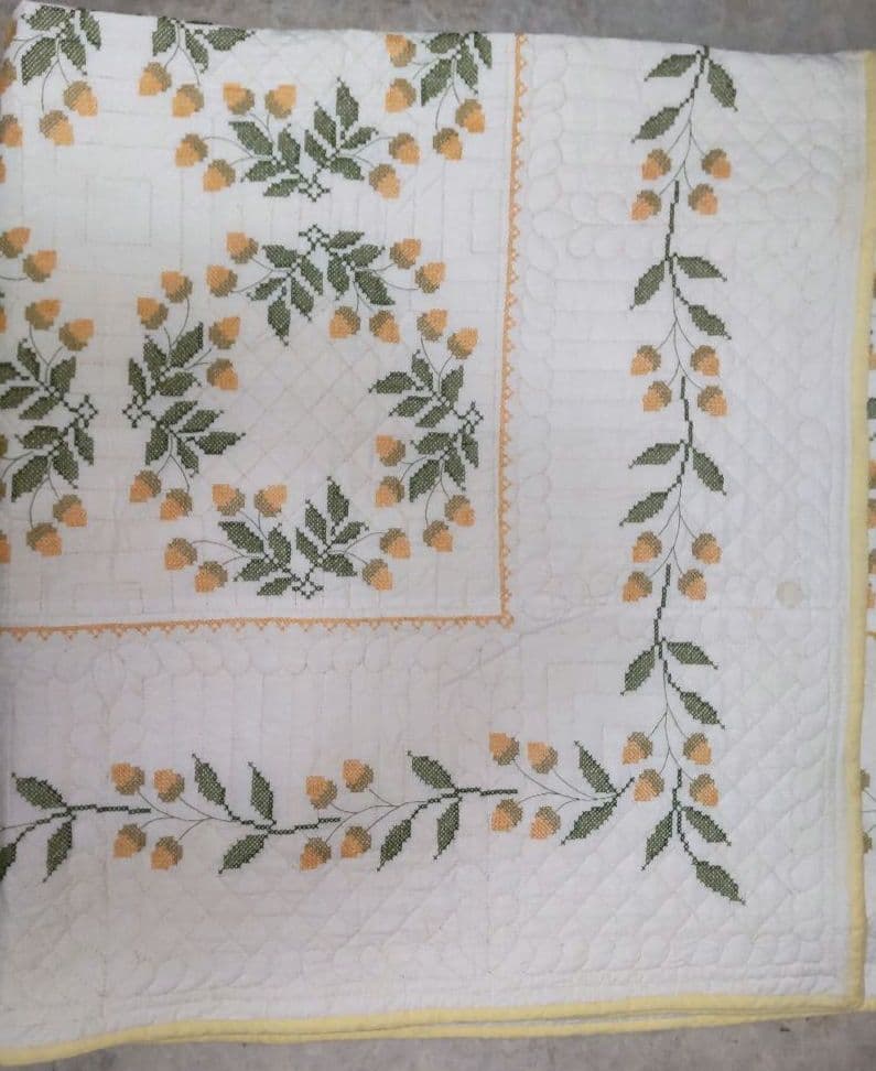 フランスアンティーク どんぐり ヴィンテージ クロスステッチ キルティング