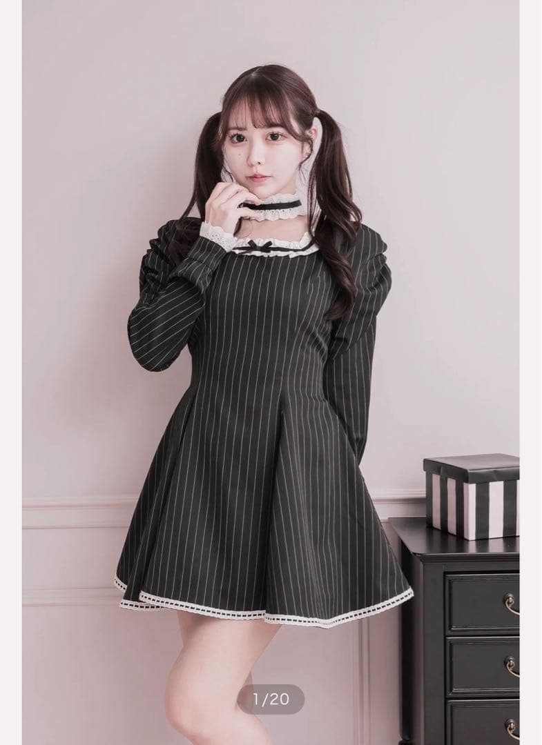 【pium】チョーカー付きコットンフリル長袖ワンピース ブラック