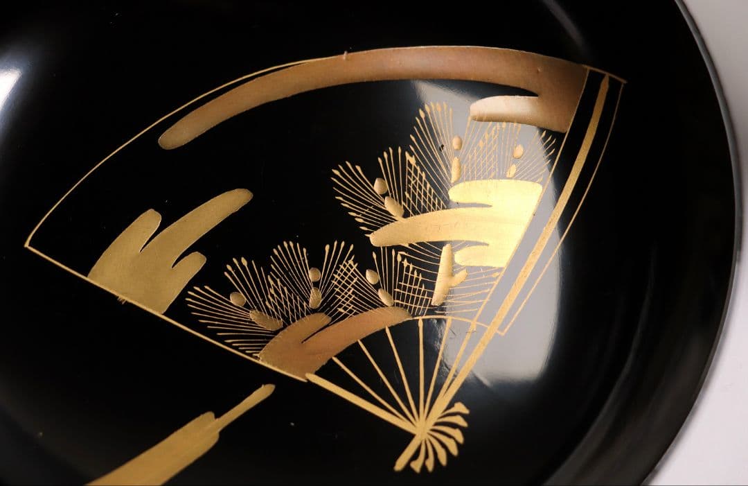 CG54 輪島塗 木製漆器 扇面金蒔絵 黒塗銘々木皿 九客 / 松取皿茶懐石道具