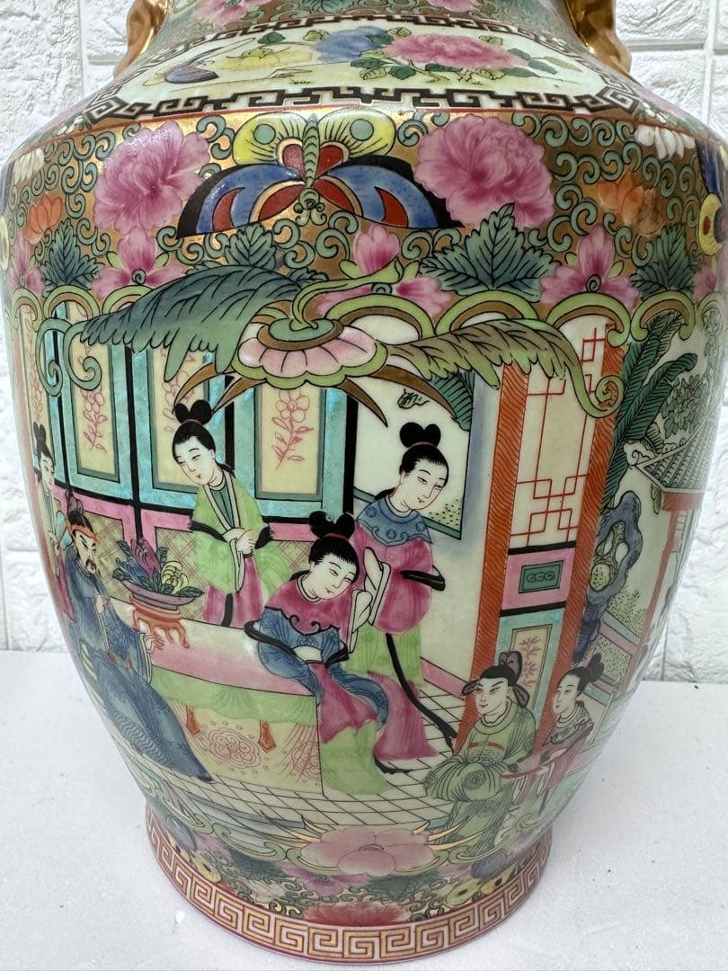 広東絵 粉彩 大花瓶 仕女図 花鳥 46cm 金彩 装飾壺　中国美術