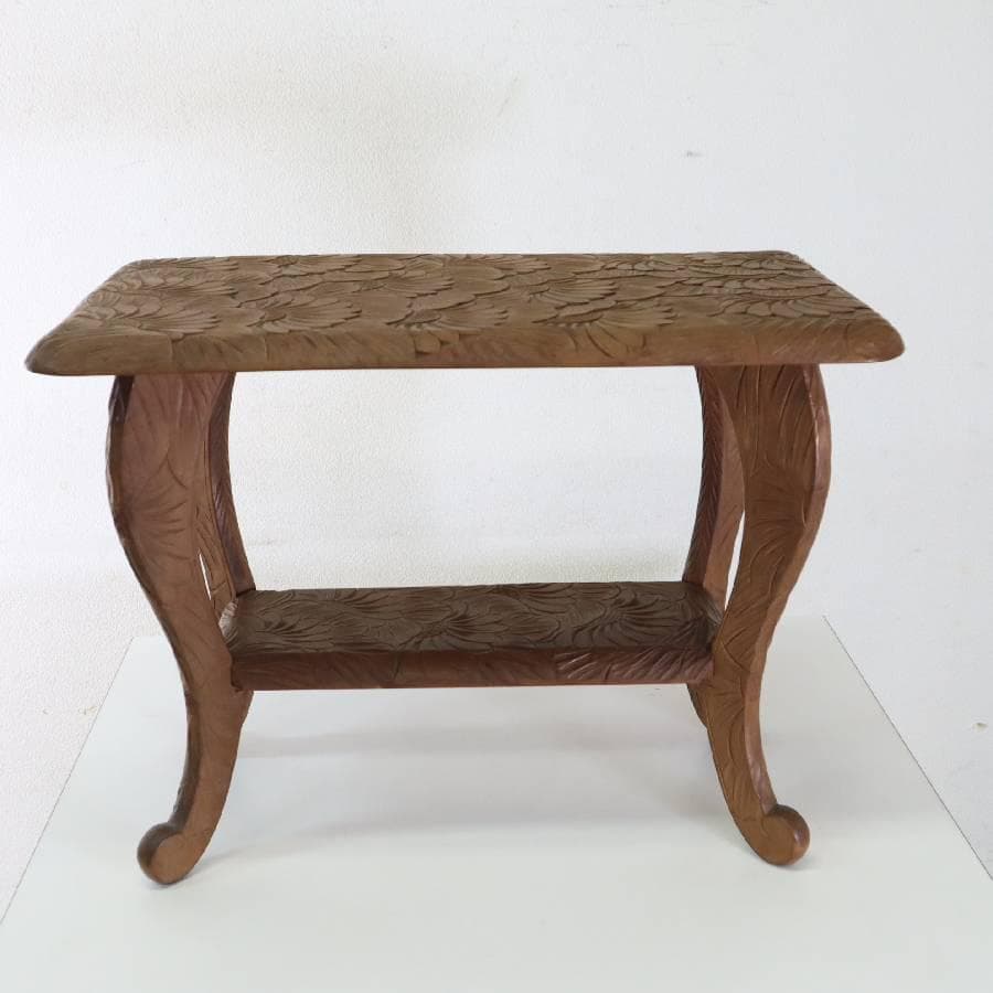 伝統工芸 日光彫 花文 サイドテーブル 花台 幅60cm 棚板付き