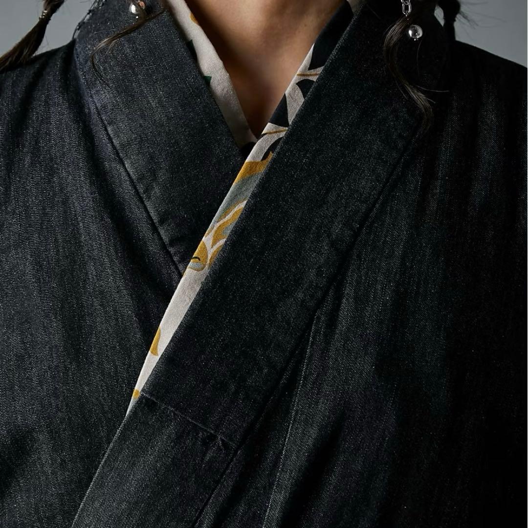 本日値下げ激レア高見え❣️綿100％デニム浴衣(花柄半襟付き) GEVS.＋帯付き