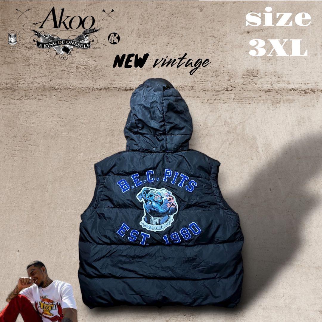 ダウンベスト 3XL B.E.C PITS 刺繍 ピットブル ブラック AKOO