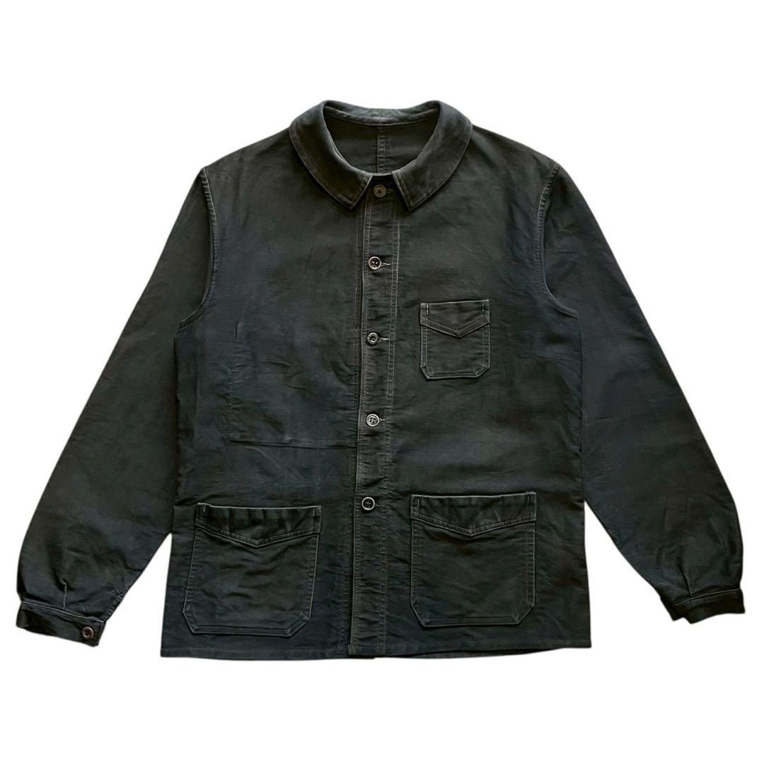 40s フレンチ ヴィンテージ ブラックモールスキンジャケット Vポケット 古着