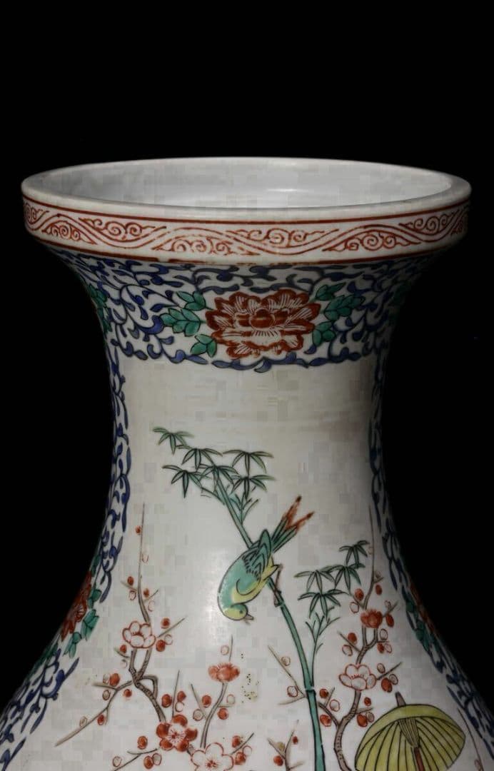 色絵傘人物文花瓶 高さ37cm 花鳥図 花瓶 花入 花器 壺 置物 粉彩人物紋