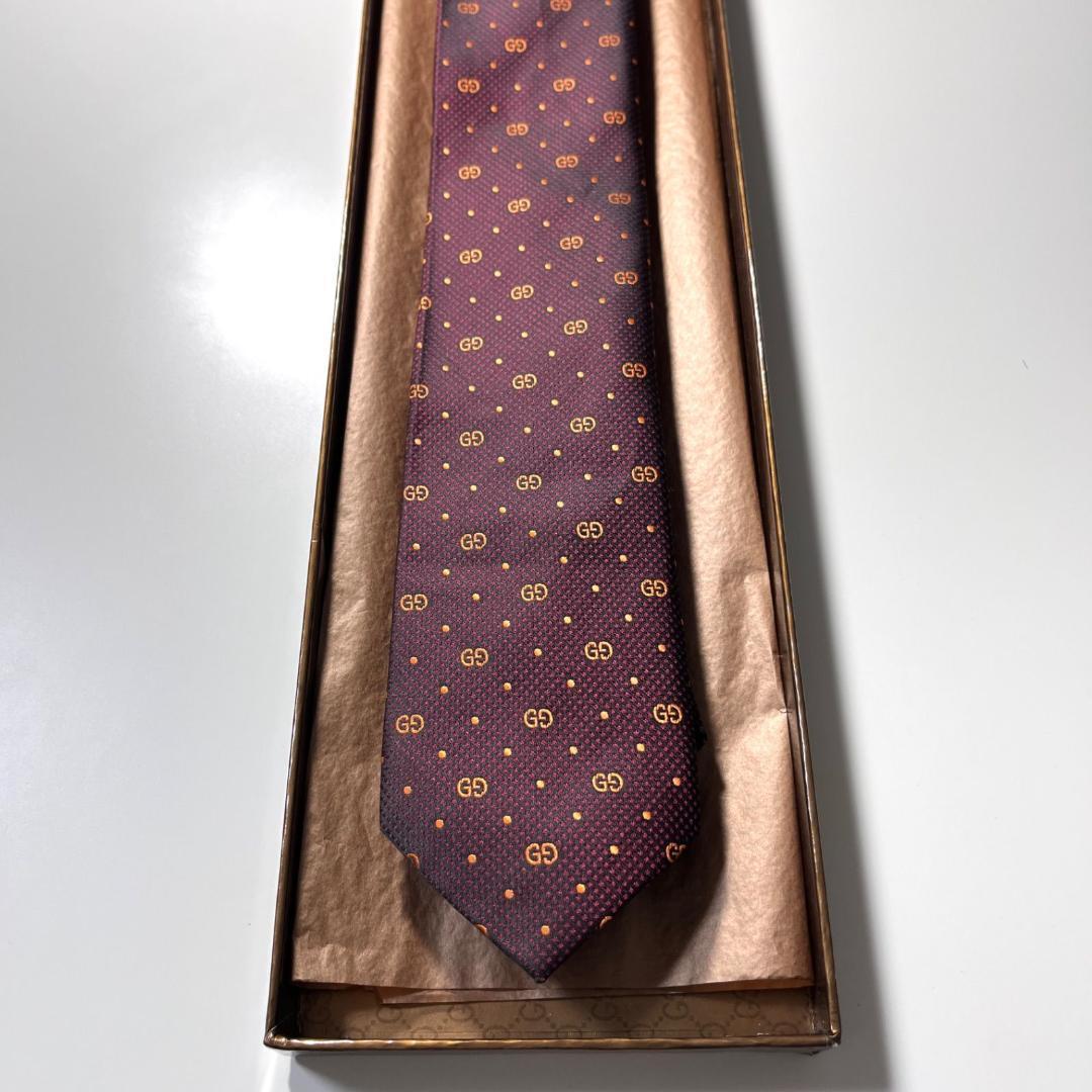 GUCCI ネクタイ シルク 100% バーガンディー GG柄 総柄 ダブルG