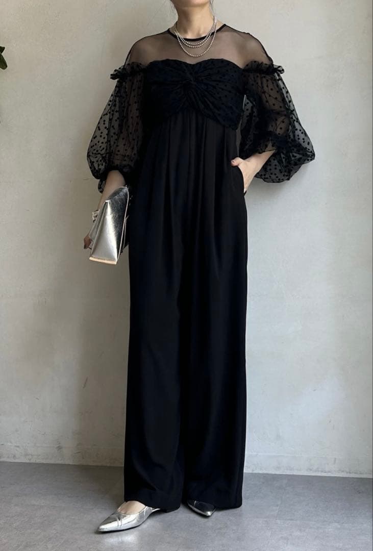 flocky dot pants dress ブラック