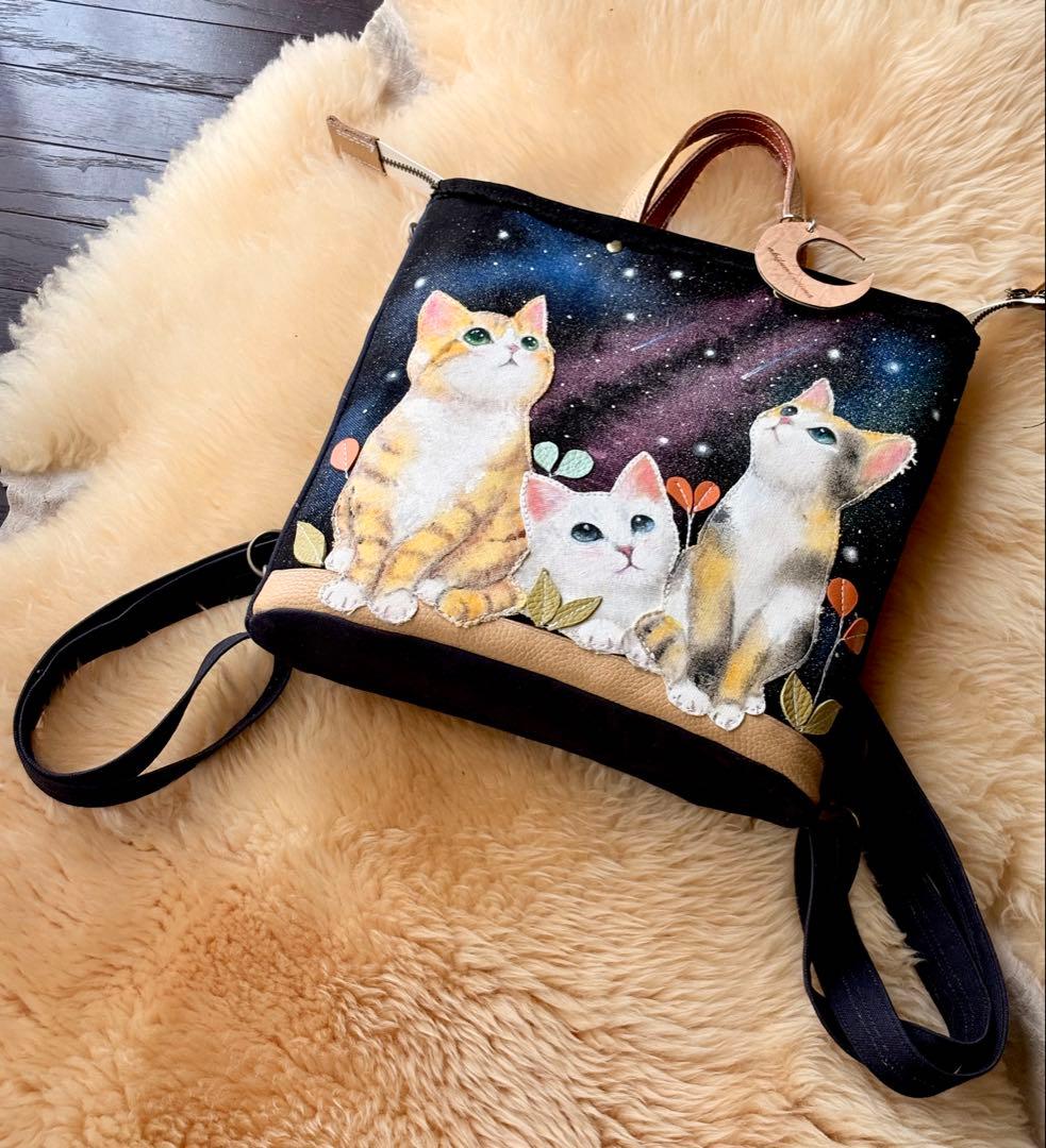 (手づくり)\"おしゃべりな夜空\"ネコたちのリュックショルダートートバッグ