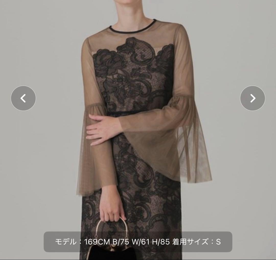 LEJA 異素材シアー刺繍レース透け感プリーツスリーブロング丈ドレスワンピースM