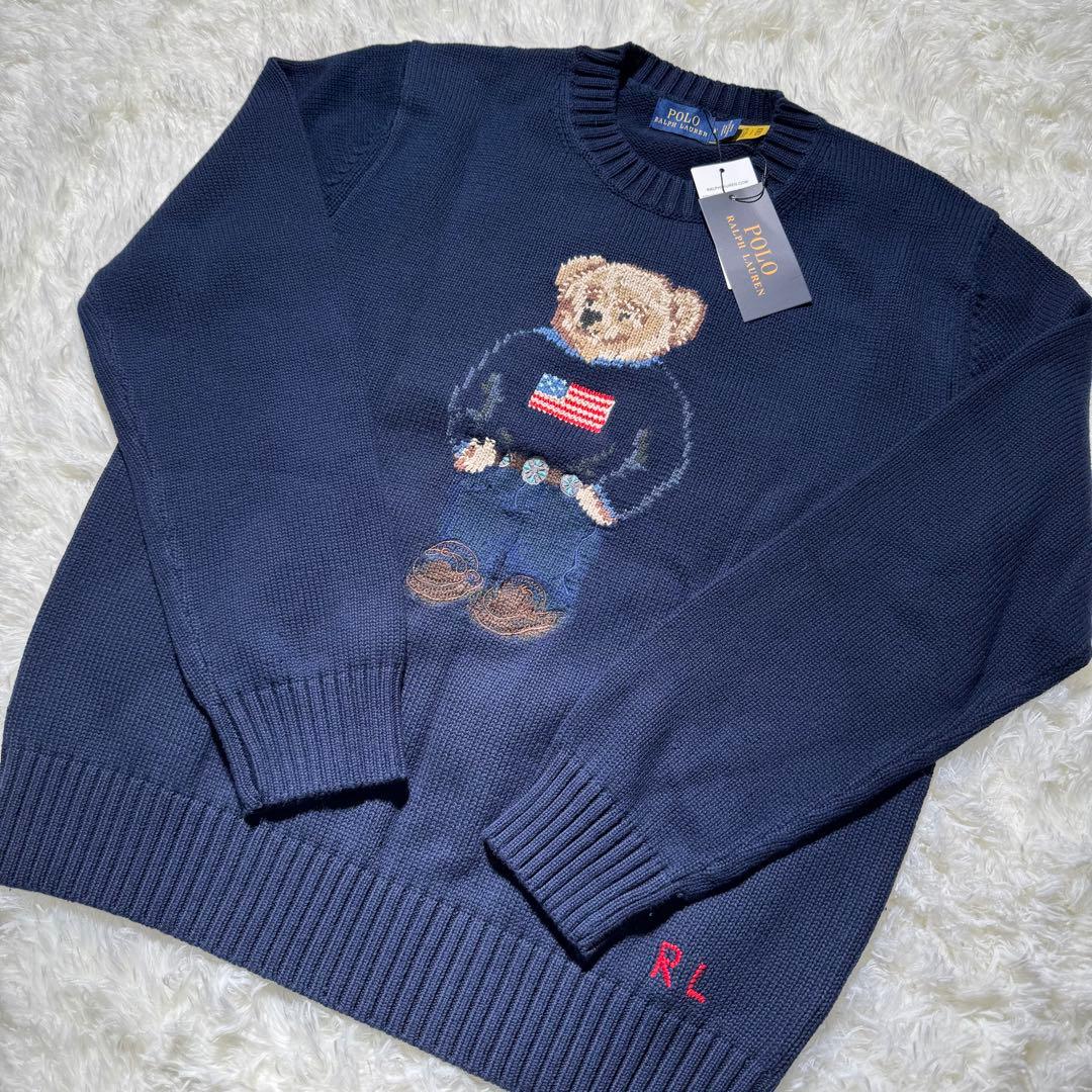 新品　M ポロベア ニット セーター ネイビー 国旗柄 メンズ レディース