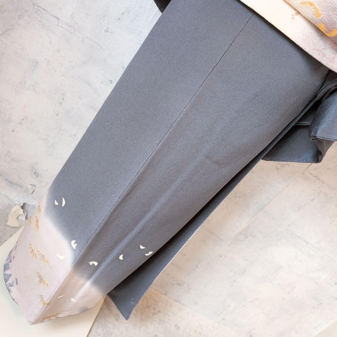 訪問着単品　着物　正絹　墨黒グレー　竹林　竹藪　クール　F1