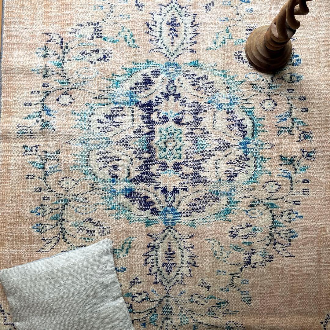99×222 ペールベージュ×ブルー　メダリオン　擦れトルコヴィンテージラグ