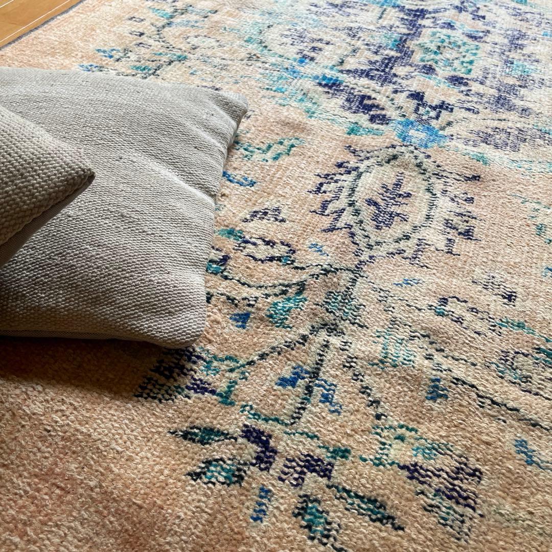 99×222 ペールベージュ×ブルー　メダリオン　擦れトルコヴィンテージラグ