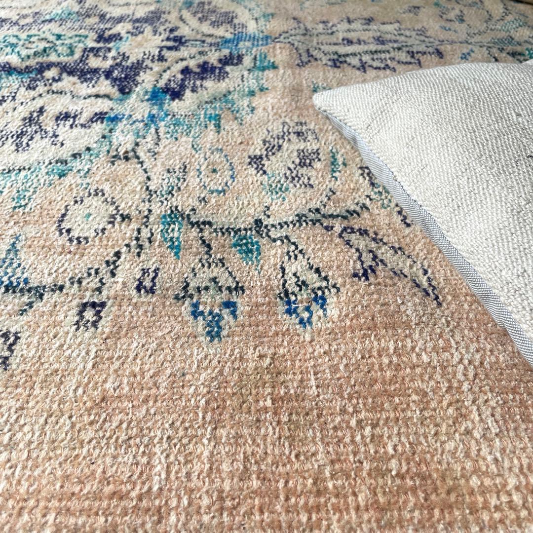 99×222 ペールベージュ×ブルー　メダリオン　擦れトルコヴィンテージラグ