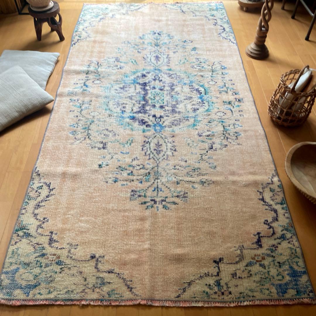 99×222 ペールベージュ×ブルー　メダリオン　擦れトルコヴィンテージラグ