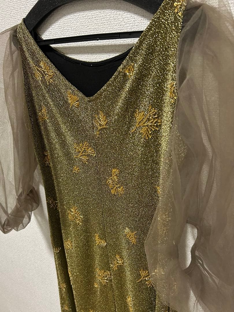 【LEJA】シアーパフスリーブグリッターIラインドレスワンピース