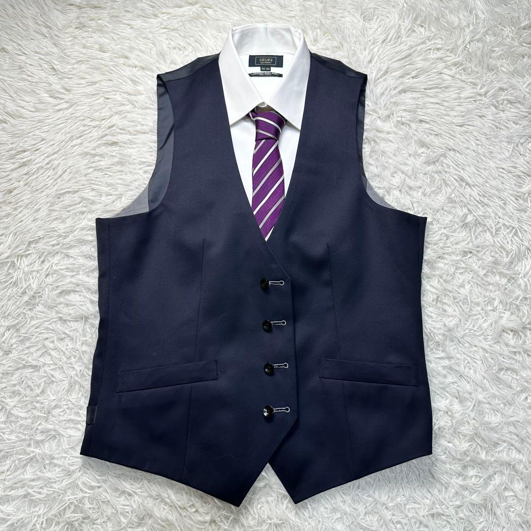 極美品 スーツセレクト 3ピース シルク混 光沢 リバーシブルジレネイビー A6