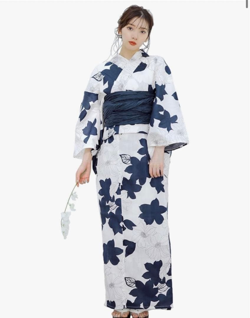 レディース 浴衣 セット 簡単 兵児帯 花 紺 白 ネイビー 和風 5点セット