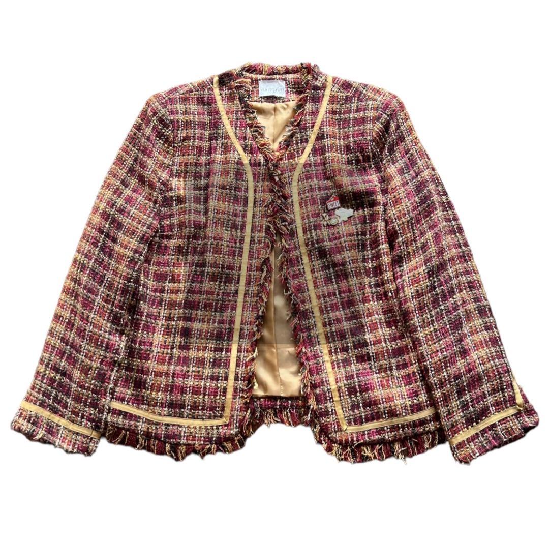 ピ*ツ様 フリンジデザインツイードチェックジャケット ピンズ付き