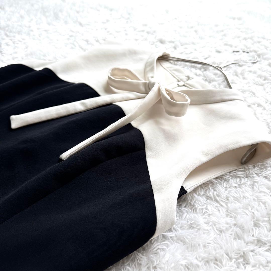 美品✨ルネ バイカラー ノースリーブ ボウタイ ワンピース フレア 白 黒 34