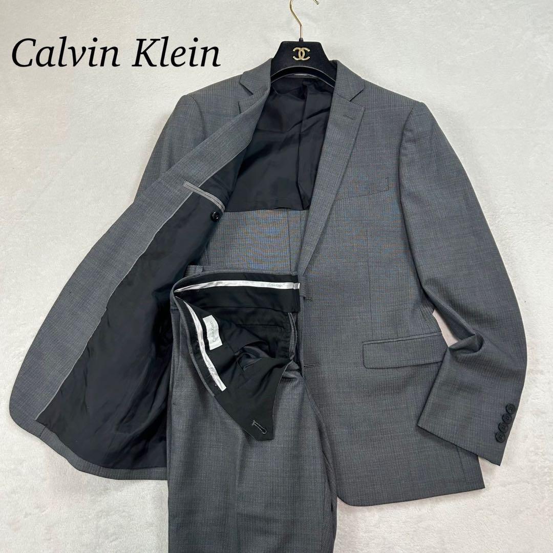 K587 美品 S カルバンクライン 肩パット入り スーツ上下 グレー メンズ