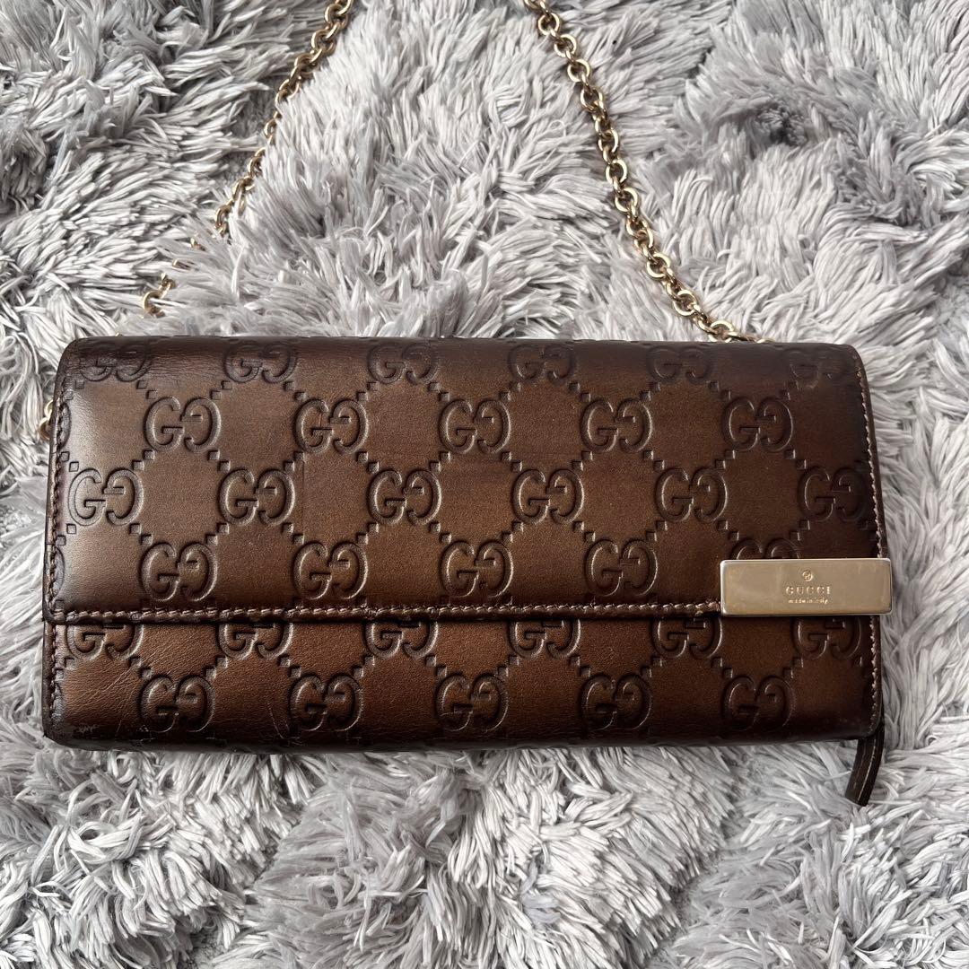 美品✨GUCCI チェーン　ウォレット　長財布　シマ　ロゴプレート　ブロンズ