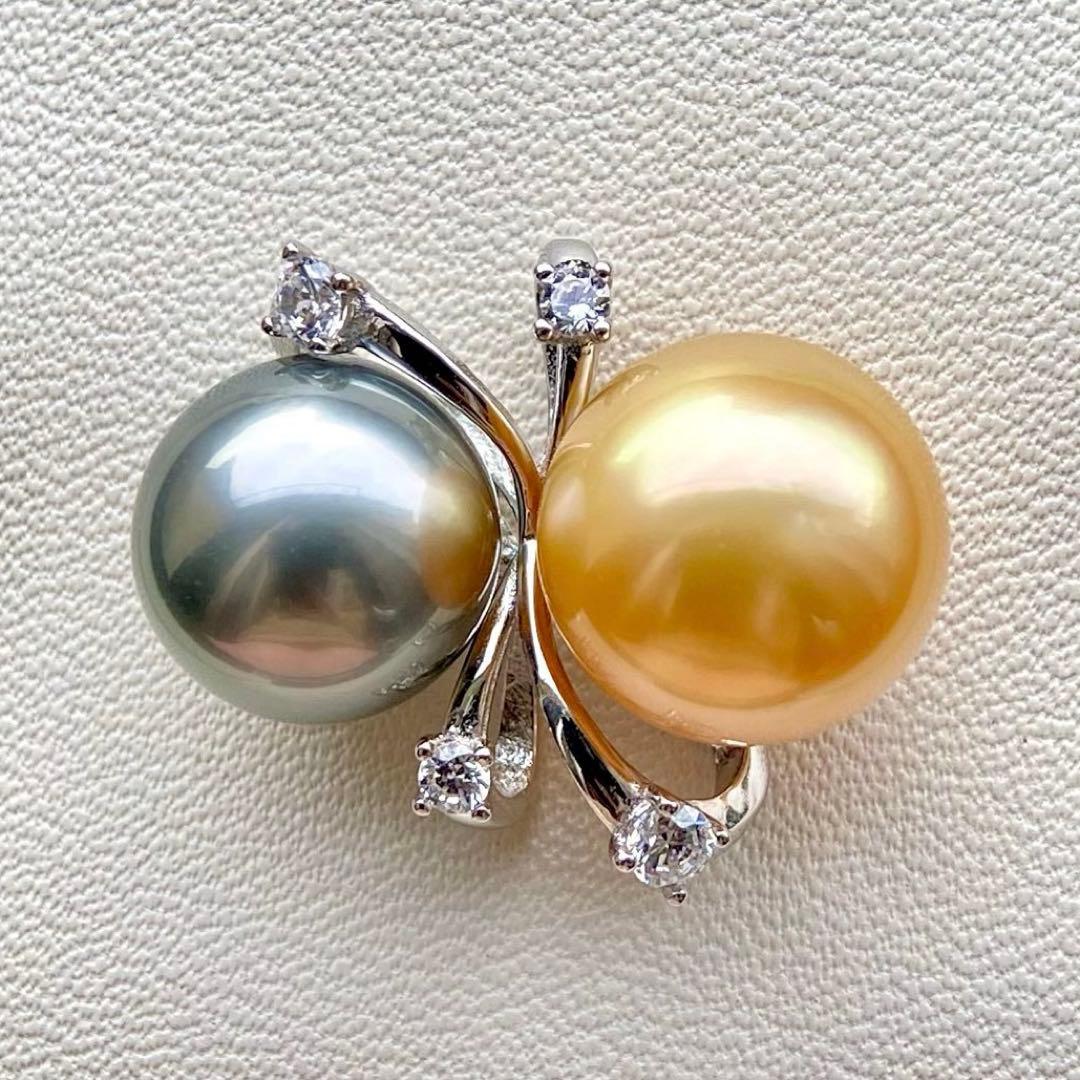 本真珠南洋白蝶真珠と黒蝶真珠　ゴールドとグレーs925ペンダントBEN914