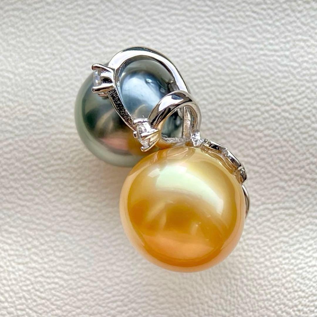 本真珠南洋白蝶真珠と黒蝶真珠　ゴールドとグレーs925ペンダントBEN914