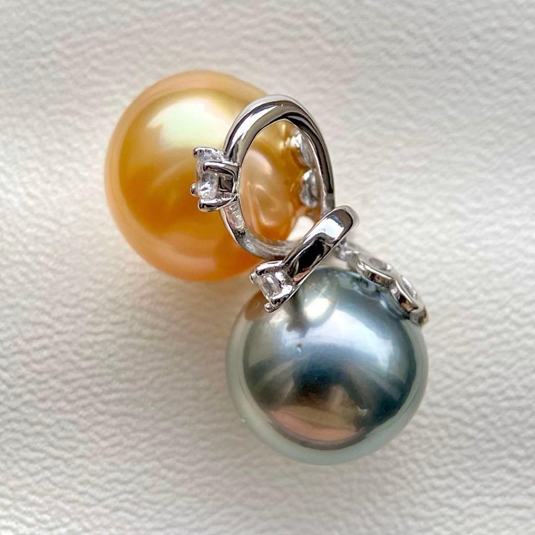 本真珠南洋白蝶真珠と黒蝶真珠　ゴールドとグレーs925ペンダントBEN914