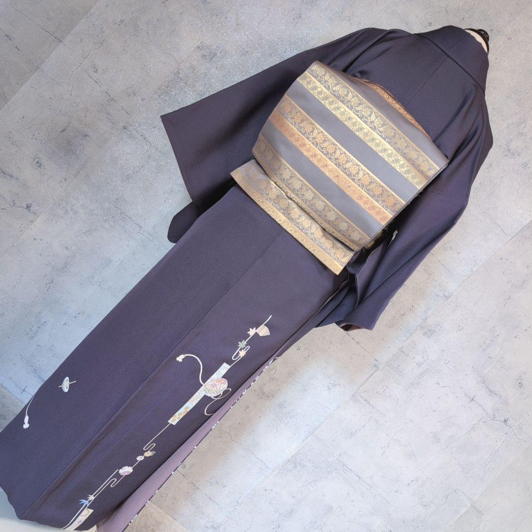 訪問着　フルセット　着物　正絹　暗紫　桜　かっこいい　祝い事　F前