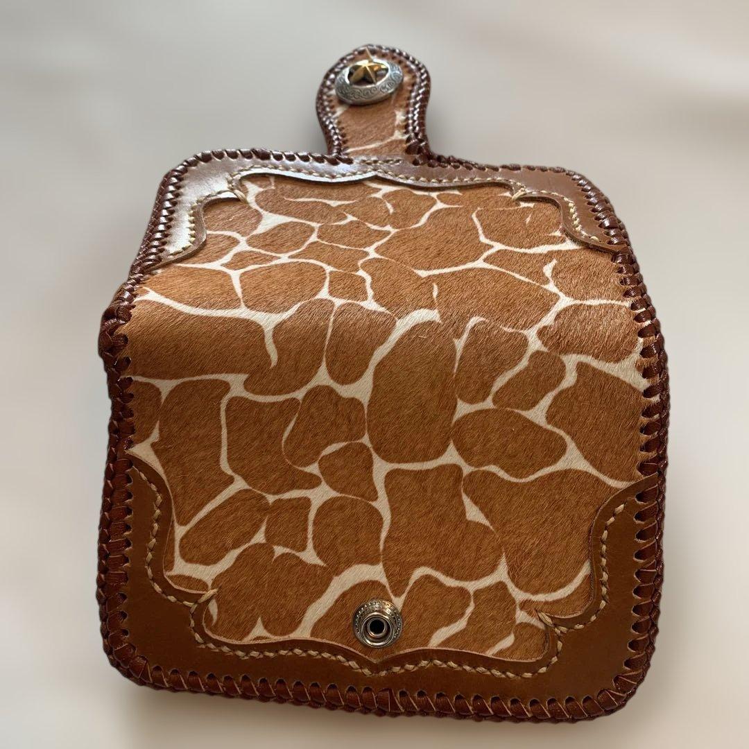 ハンドメイドレザークラフトキリン柄ハラコ牛革茶色ミドルウォレット牛レース編み茶色