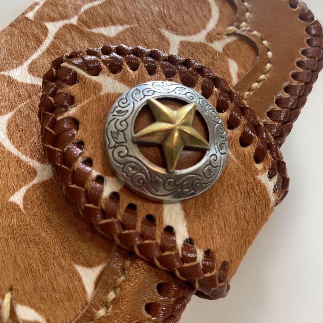 ハンドメイドレザークラフトキリン柄ハラコ牛革茶色ミドルウォレット牛レース編み茶色