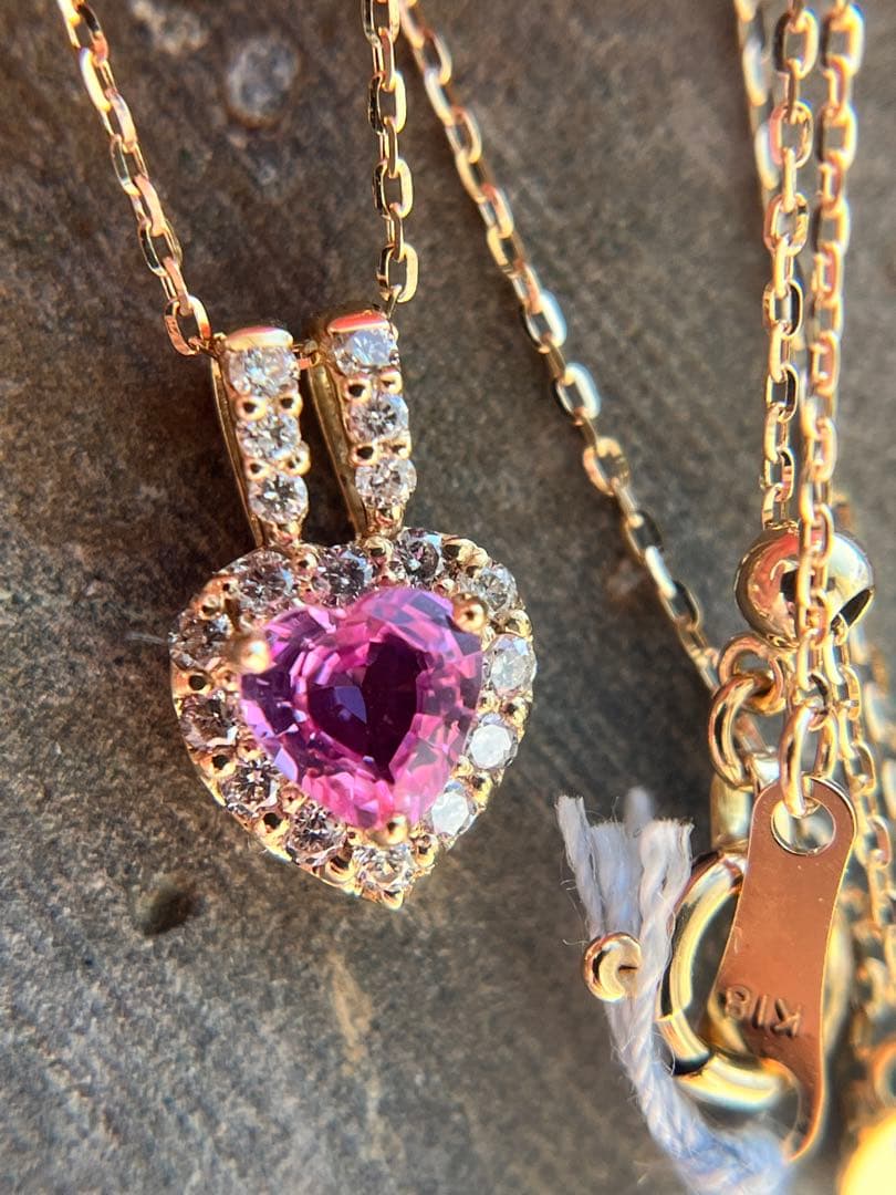 新品K18YGピンクサファイア0.3ctダイヤモンドペンダントネックレス