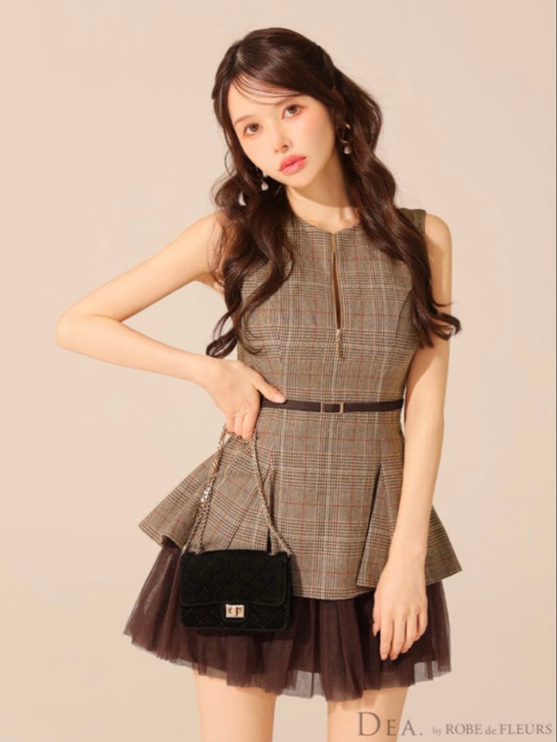 チェックノースリーブベルトデザインチュールミニキャバドレス(DE3477)