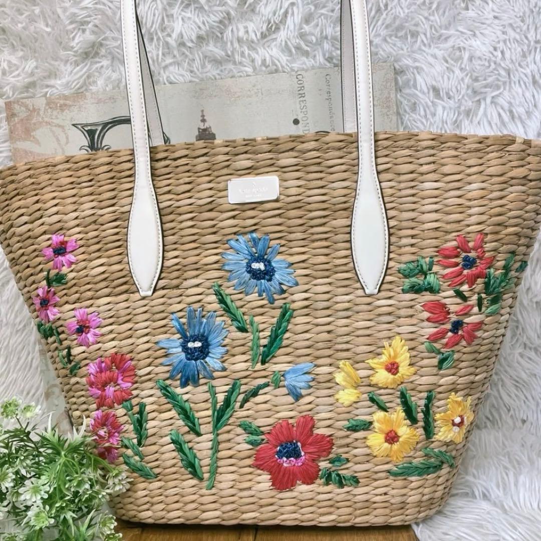 未使用 kate spade ケイトスペード かごバッグ ストロー フラワー