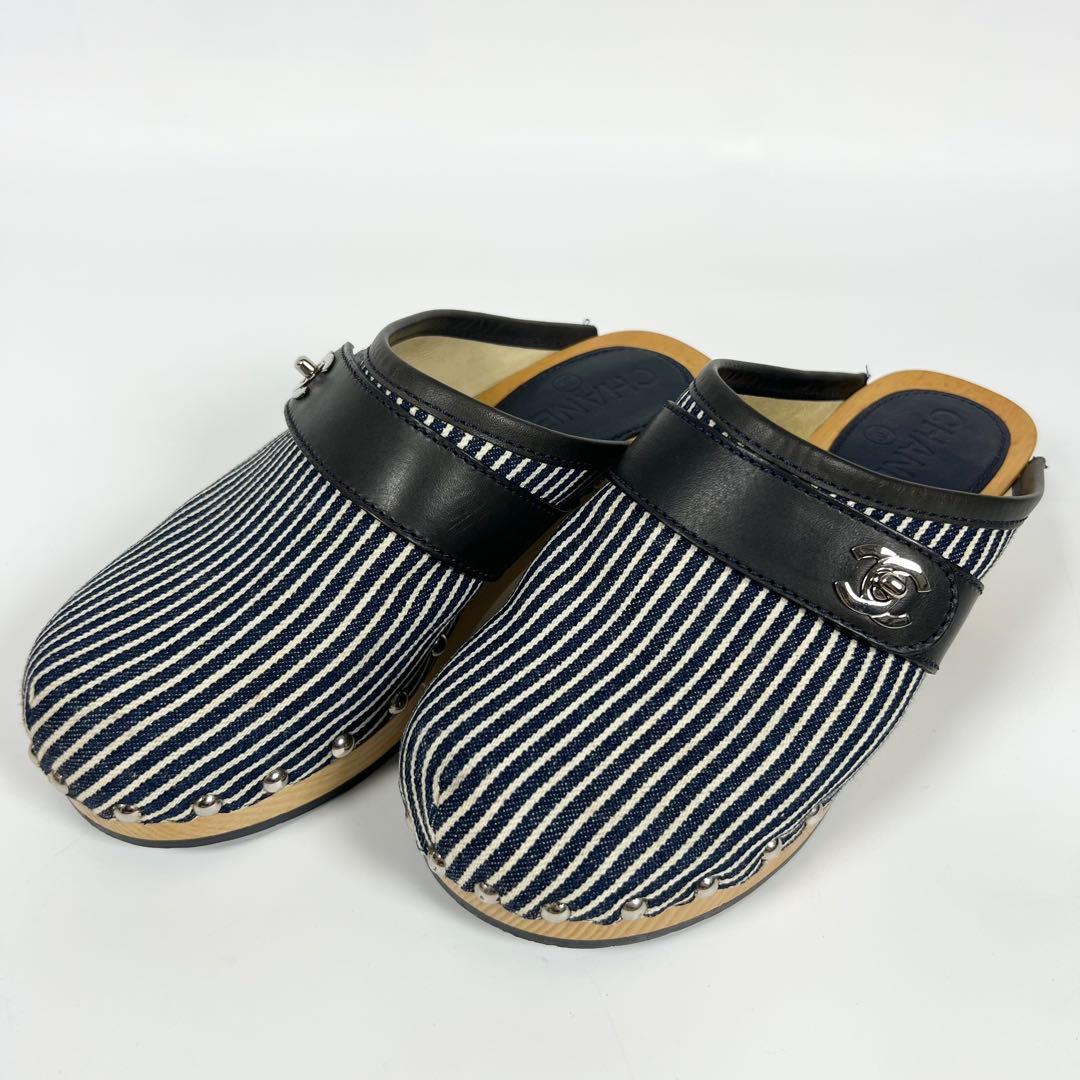 良品CHANEL シャネル サボサンダル ストライプ 36 マリン ネイビー