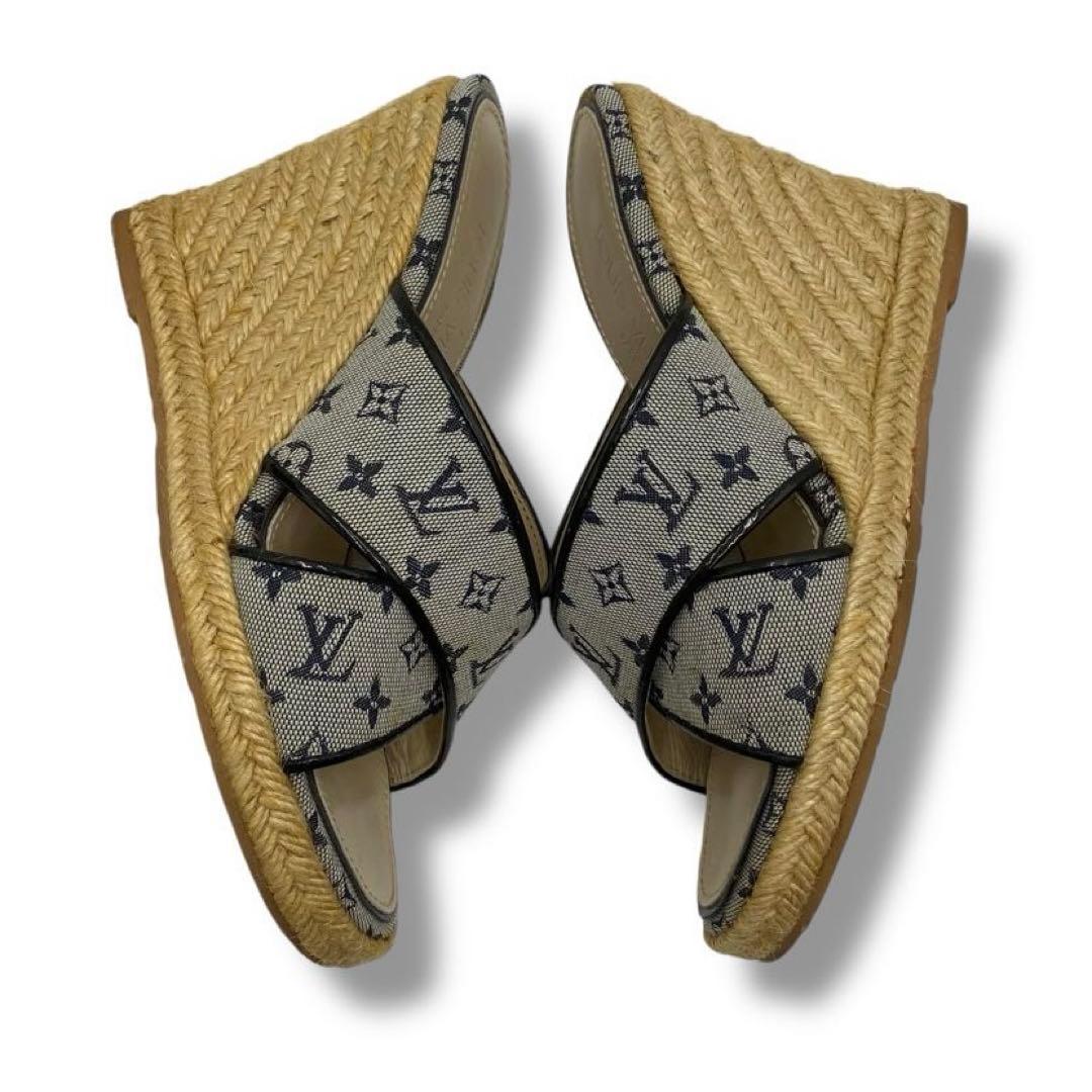 良品 ルイヴィトン モノグラム ヒール サンダル ミュール エスパドリーユ 21