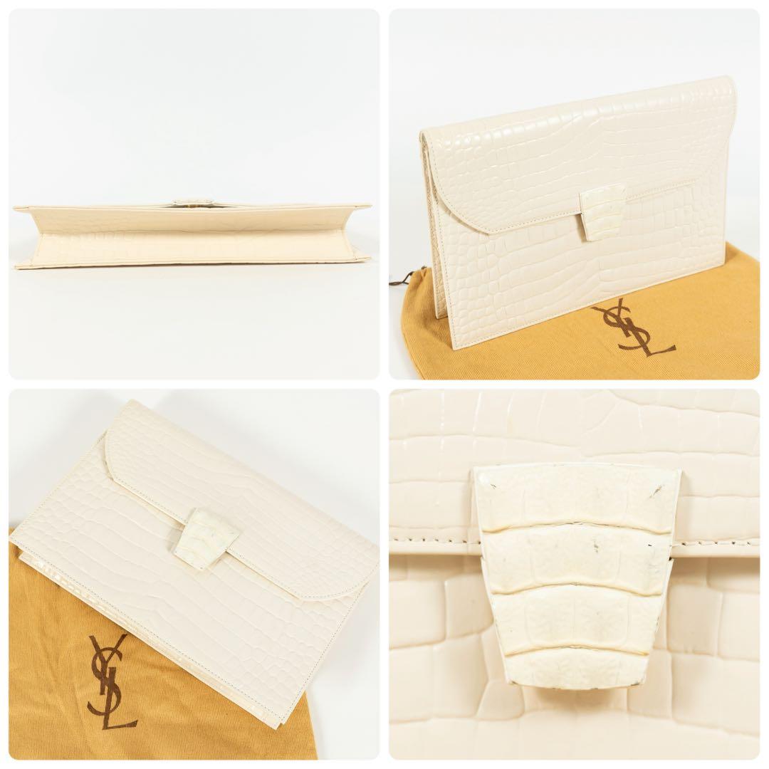【極美品✨】イヴサンローラン セカンドバッグ クロコ型押し レザー アイボリー