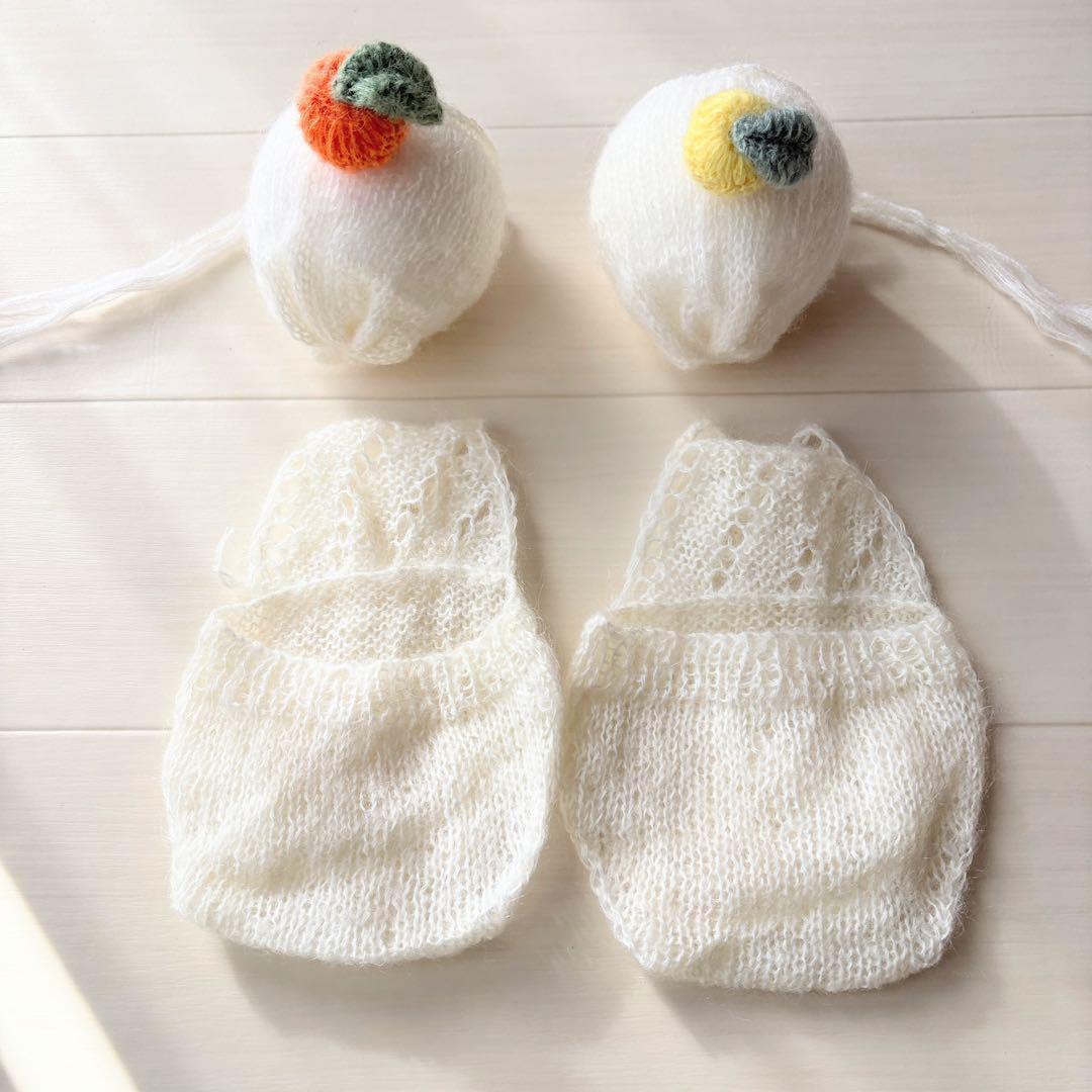 オレンジ♪鏡餅ボンネット 編み込みロンパースセット　ニューボーンフォト撮影衣装