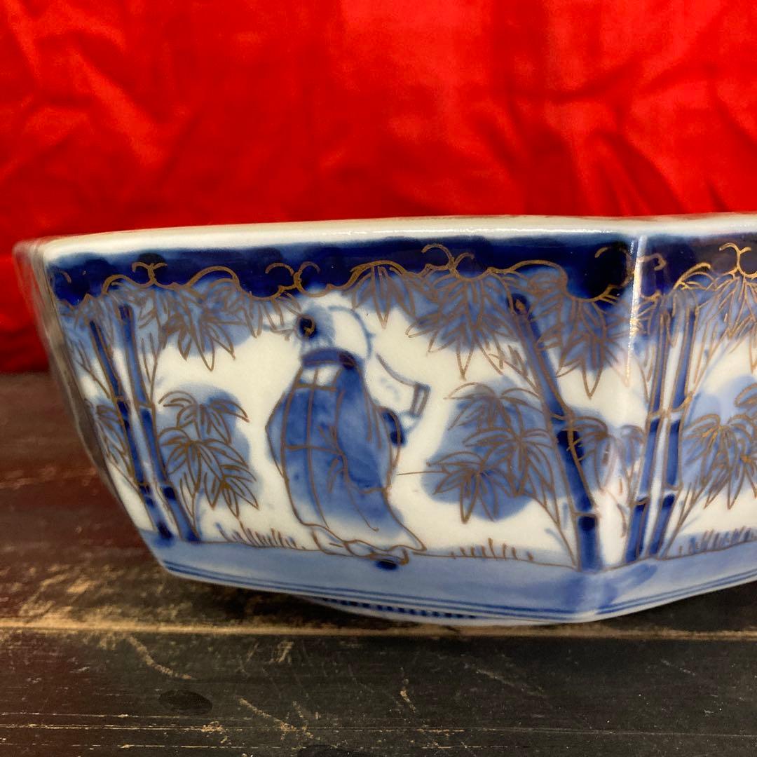 古伊万里　色絵金彩　八角鉢　龍鳳神獣蝶鹿竹林人物図　富貴長春　江戸期