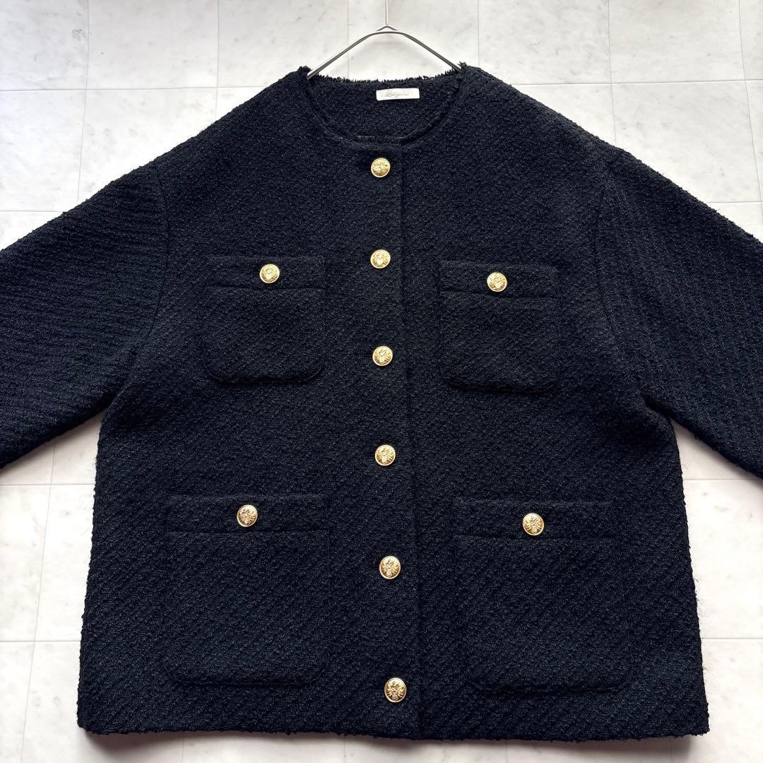 ラウンジドレス 金ボタン ノーカラー ツイードジャケット 黒 ブラック 卒入学